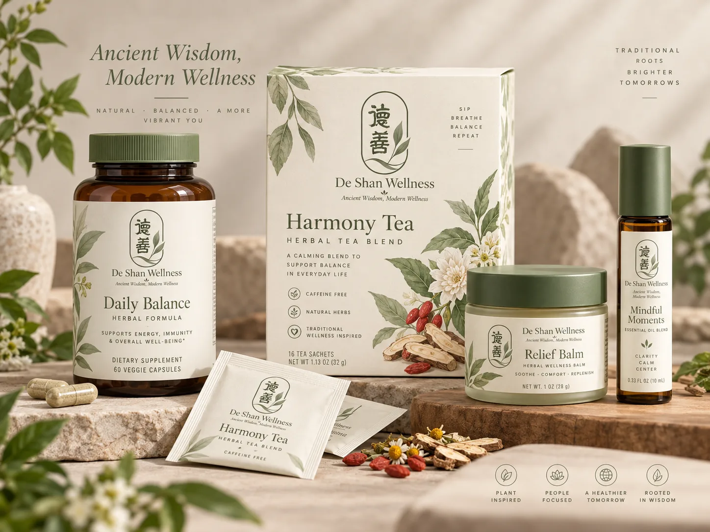 De Shan botanical products: herbal formula, tea, balm and roller